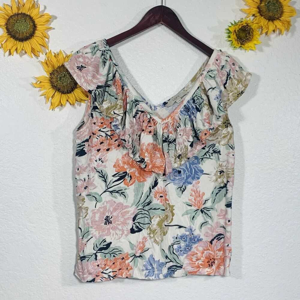 Loft Floral Ruffle Crepes Sleeveless Blouse Size Medium Women’s